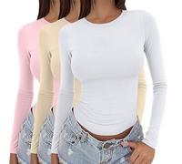 Confezione da 3 magliette da donna a maniche lunghe Y2k, base per stratificazione, termiche aderente, sottomagliette slim fit da uscire, t-shirt con collo tondo elasticizzato, aderente, 3 pezzi, tinta