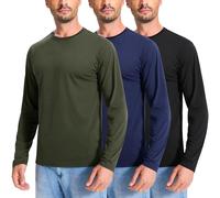 Confezione da 3 magliette da uomo a maniche lunghe in cotone, tinta unita, girocollo, leggere, a strati basici, vestibilità aderente, (nero/verde militare/blu scuro), XL