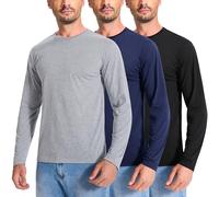 Confezione da 3 magliette da uomo a maniche lunghe in cotone, tinta unita, girocollo, leggere, a strati basici, vestibilità aderente, (nero/grigio chiaro/blu scuro), M