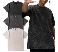 Confezione da 3 magliette oversize da uomo in cotone, estive, retrò, lavate, unisex, alla moda, hip hop, vintage, casual, confezione da 3, nero/grigio scuro/albicocca, XL