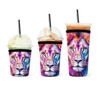 Confezione da 3 manicotti riutilizzabili per caffè freddo con motivo "Animal King Trippy Lion Watercolor Art", manicotto isolante per bevande calde e fredde, manicotti antiscivolo in neoprene per lat