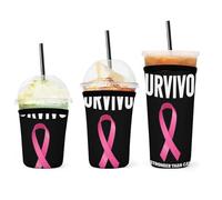 Confezione da 3 manicotti riutilizzabili per caffè freddo con nastro rosa, per donne sopravvissute al cancro al seno, manicotto isolante per bevande fredde, portabicchieri in neoprene, facile da puli
