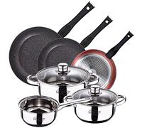 Confezione da 3 padelle Ø20/24 e 28 cm + batteria da cucina da 5 pz in acciaio inossidabile