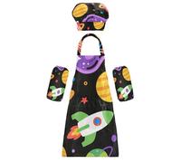 Confezione da 3 pezzi di costumi da chef creativi con pianeti colorati e razzi, grembiuli per bambini con tasche per cucinare e dipingere 3-12 anni, Cartone animato pianeti colorati e razzi, M