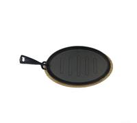 Confezione da 3 piatti da bistecca ovale in ghisa con base in legno, resistente padella teppanyaki per barbecue, cucina interna ed esterna, compatibile con stufe a induzione a gas, nero, 27,7 x 17,3