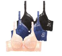 Confezione da 3 reggiseni da donna con ferretto, in pizzo, con push up regolabile, sexy, per ragazze, traspiranti, morbidi, comodi, per tutti i giorni, regali per donne, fidanzate, blu navy, 105B