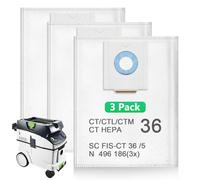 Confezione da 3 sacchetti filtro usa e getta per aspiratori Festool CT 36/CTM 36 E/CTL 36 E CLEANTEC, sacchetti sottovuoto di grande capacità per Festool SC FIS-CT 36/5