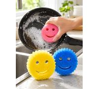 Confezione da 3 spugne colorate da cucina con faccina sorridente da 10,2 cm | La superficie ruvida gestisce i pasticci quotidiani mentre la forma rotonda compatta rende la pulizia rapida della cucina