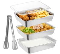 Confezione da 3 vassoi in acciaio inox per la preparazione degli alimenti con coperchi e pinze, 24 x 20 x 5,6 cm, ideali per dragaggio e marinatura