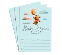 Confezione da 30 biglietti d'invito a forma di orso con palloncino per baby shower, su un lato, neutro, vuoti, da riempire, 10 x 15 cm
