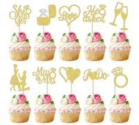Confezione da 30 topper per cupcake glitterati con scritta in lingua inglese "He Asked She Said Yes", decorazioni per torte di fidanzamento e per matrimoni, feste di fidanzamento, colore oro