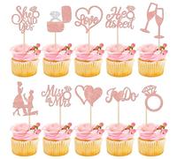 Confezione da 30 topper per cupcake glitterati con scritta in lingua inglese "He Asked She Said Yes", per matrimoni, fidanzamenti, cupcake, con scritta "Miss to Mrs Love", anello a forma di cuore,