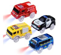 Confezione da 4 auto giocattolo traccia auto magiche auto si illuminano al buio per bambini 3-8 anni, auto della polizia, autobus, camion con 5 luci LED, ricambio per giocattoli auto che guida su