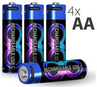 Force Power, Set 4 Pile Ricaricabili USB-C Tipo LR6 / AA con Cavo di Ricarica