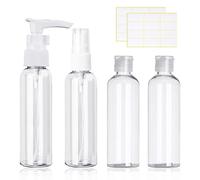 Confezione da 4 bottiglie da viaggio trasparenti da 100 ml, per lozioni, bagnoschiuma, shampoo, con 2 etichette