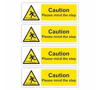 Confezione da 4 cartelli autoadesivi "Caution Please Mind The Step", 5 x 15 cm ciascuno (confezione da 4), orientamento orizzontale, rimovibili e lavabili, adesivi per interni o esterni, finitura