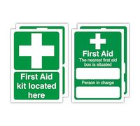 Confezione da 4 cartelli di pronto soccorso - 148 x 210 mm - "First Aid Kit Located Here" e "The Nearest First Aid Box is Situated" - Adesivi ed etichette in vinile impermeabili - Segnaletica per