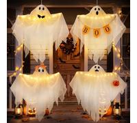 Confezione da 4 decorazioni fantasma illuminate da appendere con timer per decorazioni di Halloween