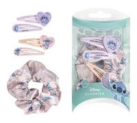 Confezione da 4 forcine e 1 elastico in tessuto di Stitch, colore rosa e lilla, realizzate con materiali resistenti, stampa ispirata allo stitch, prodotto originale progettato in Spagna