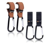 Confezione da 4 ganci per passeggino da appendere | Cinghie multiuso per passeggino con clip durevoli ed eleganti per borse per pannolini, il gancio perfetto per passeggino, camminatore e shopping (marrone e nero)