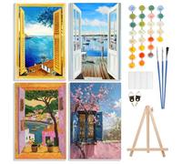 Confezione da 4 kit da dipingere con i numeri, per adulti, con tela incorniciata e cavalletto in legno, kit per pittura con i numeri, olio acrilico, fiori, finestre, paesaggi, kit per principianti,