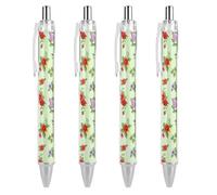 Confezione da 4 penne a sfera per una scrittura liscia, senza sbavature, penna a inchiostro a punta media da 0,5 mm, retrattile, in stile shabby chic, fiori, rose, pedali, puntini, foglie, boccioli