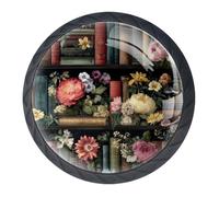 Confezione da 4 pomelli decorativi per cassetti e scaffali, motivo floreale e libreria, 3,5 cm, pomelli decorativi per cassetti, credenze, armadi, set da 4