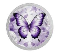 Confezione da 4 pomelli per armadietti da cucina, con farfalla e fiore, colore viola, maniglie bianche per cassettiera, comodino, armadio