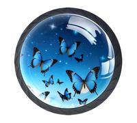 Confezione da 4 pomelli per armadietti da cucina, con farfalle blu e stelle, pomelli per cassetti e cassettiere, colore nero, per cassettiera, armadio, maniglie rotonde per cassetti
