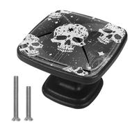 Confezione da 4 pomelli per cassetti a forma di teschio con stelle, colore nero, per armadi e cassetti, foro singolo, per armadietti, armadi, bagno