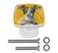 Confezione da 4 pomelli quadrati per armadietti da cucina, colore giallo antico, con papillon a forma di cane, maniglie per armadio, cassettiera, armadio, decorazione della cucina, bianco