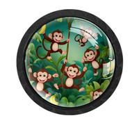 Confezione da 4 pomelli rotondi a forma di scimmia, a banana, per cassetti e cassettiere, colore nero, per armadietti da cucina e bagno