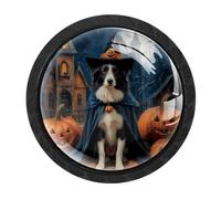 Confezione da 4 pomelli rotondi per armadietti di Halloween Border Collie, colore nero, rotondi, per cassettiera, credenze, porte, mobili da cucina e bagno