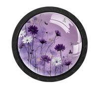 Confezione da 4 pomelli rotondi per cassetti a forma di margherita, colore viola, per cassettiera, credenze, porte, credenze, armadietti, mobili da cucina e bagno
