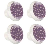 Confezione da 4 pomelli rotondi per cassetti da 3,5 cm, in cristallo con viti, per cucina, bagno, asilo nido e camera dei bambini (margherite floreali senza cuciture con steli su sfondo viola viola)