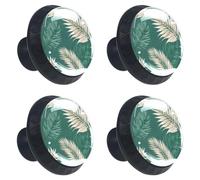 Confezione da 4 pomelli rotondi per cassetti e comò, in cristallo con viti, per cucina, bagno, cameretta dei bambini (verde salvia con foglie di palma tropicali senza cuciture)