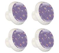Confezione da 4 pomelli rotondi per cassetti e comò, in cristallo con viti, per cucina, bagno, cameretta dei bambini (margherite floreali con steli su sfondo viola viola)