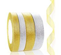 Confezione da 4 rotoli di nastro da 20 mm e 10 mm, 88 m, in organza glitterata, color oro e argento, per involgere regali e decorare l’albero di Natale, 4 x 22 m