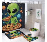 Confezione da 4 tappeti Shaggy con motivo DJ spaziale e alieno che mangia pizza + tappetino sagomato e coperchio con supporto in gomma + fodera per tenda da hotel anti-sbiadimento - Decorazione per l