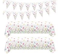 Confezione da 4 tovaglie floreali primaverili in plastica con fiori selvatici, 2 tovaglie floreali primaverili, 130 x 213 cm, 2 striscioni con elementi floreali per matrimoni floreali, baby shower