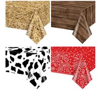Confezione da 4 tovaglie per festa in stile occidentale, 130 x 216 cm, tovaglia in paglia, con venature del legno, motivo mucca, bandana cachemire, decorazioni per festa