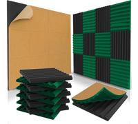 Confezione da 48 pannelli acustici autoadesivi, 3,5 x 30,5 x 30,5 cm, in schiuma fonoassorbente, cunei in schiuma per studio, pannelli ad alta densità, cunei insonorizzanti, nero/verde