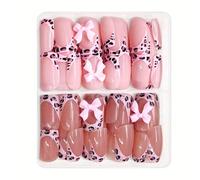 Confezione da 48 unghie a pressione lucide con fiocchi 3D a pois animalier, corte a punta francese, forma quadrata, unghie finte per donne