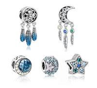 Confezione da 5 ciondoli per braccialetti Pandora, in argento Sterling 925, con zirconia cubica, stella marina oceanica, acchiappasogni, piume, nappe, pendenti fai da te, regalo per donne e ragazze