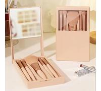 Confezione da 5 pennelli da trucco da viaggio con specchio, kit di pennelli da trucco con custodia e specchio, set di pennelli per fondotinta, cipria, correttori, ombretti, colore albicocca
