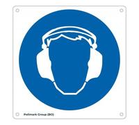 Confezione da 5 Pezzi Cartello obbligo protezione udito - Pittogramma in alluminio mm.30x30 spessore 0,5 mm con 4 fori, Angoli Arrotondati e Biadesivo a Retro