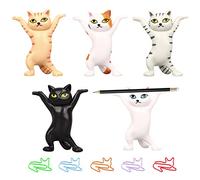 Confezione da 5 portapenne a forma gatto con 5 graffette gatti, mini decorazione sollevamento pesi, portapenne, supporto tappi auricolari, ornamento durevole e divertente, regalo gli amanti gatti