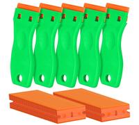 Confezione da 5 raschietti in plastica per rasoi e 200 lame, strumento per rimuovere etichette adesive, per rimuovere adesivi, guarnizioni e vernici sul vetro dell'auto (verde)