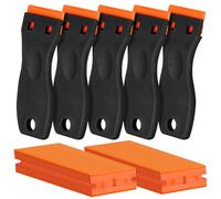 Confezione da 5 raschietti in plastica per rasoi e 200 lame, strumento per rimuovere etichette adesive, per rimuovere adesivi, guarnizioni e vernici sul vetro dell'auto (nero)