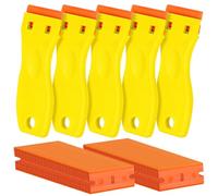 Confezione da 5 raschietti in plastica per rasoi e 200 lame, strumento per rimuovere etichette adesive, per rimuovere adesivi, guarnizioni e vernici sul vetro dell'auto (giallo)
